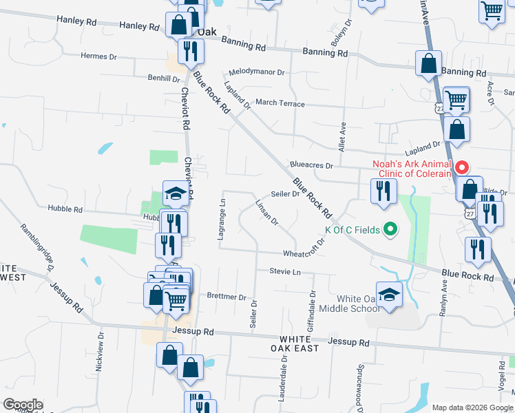 map of restaurants, bars, coffee shops, grocery stores, and more near 6187 Jimbet Court in Cincinnati