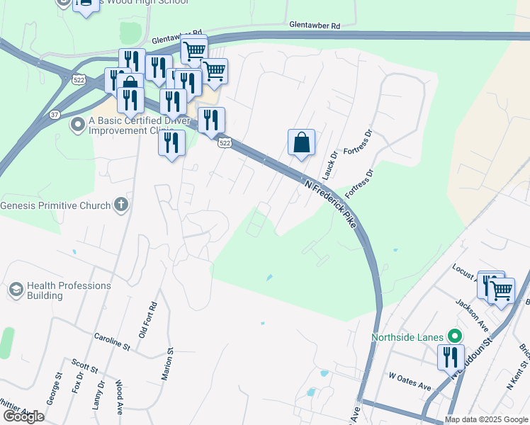 map of restaurants, bars, coffee shops, grocery stores, and more near 113 Lance Way in Winchester
