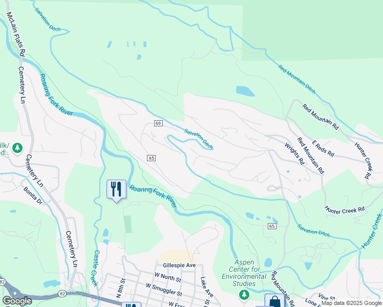 map of restaurants, bars, coffee shops, grocery stores, and more near 44 Bennett Court in Aspen