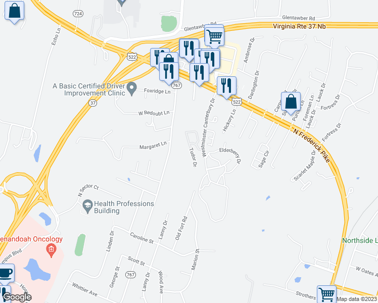 map of restaurants, bars, coffee shops, grocery stores, and more near 410 Tudor Drive in Winchester