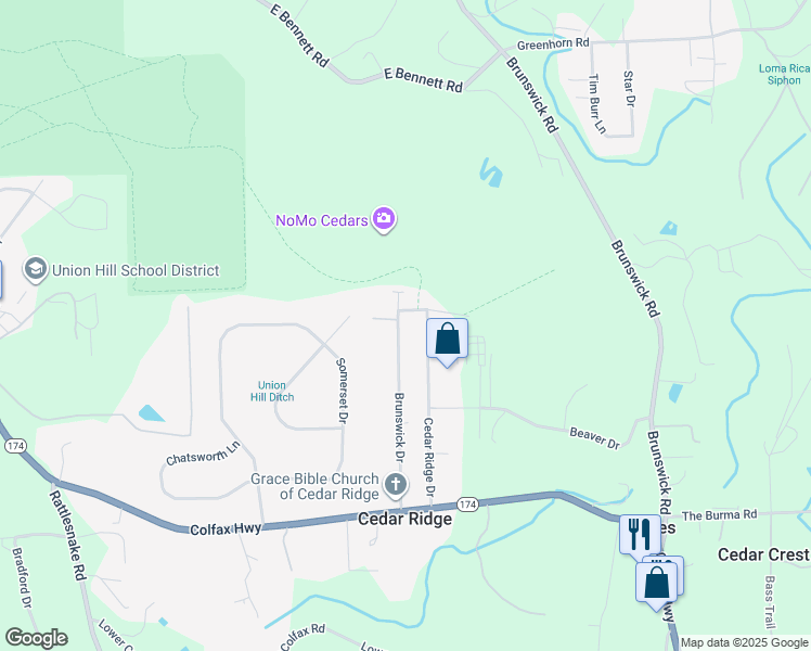 map of restaurants, bars, coffee shops, grocery stores, and more near 11104 Brunswick Drive in Grass Valley