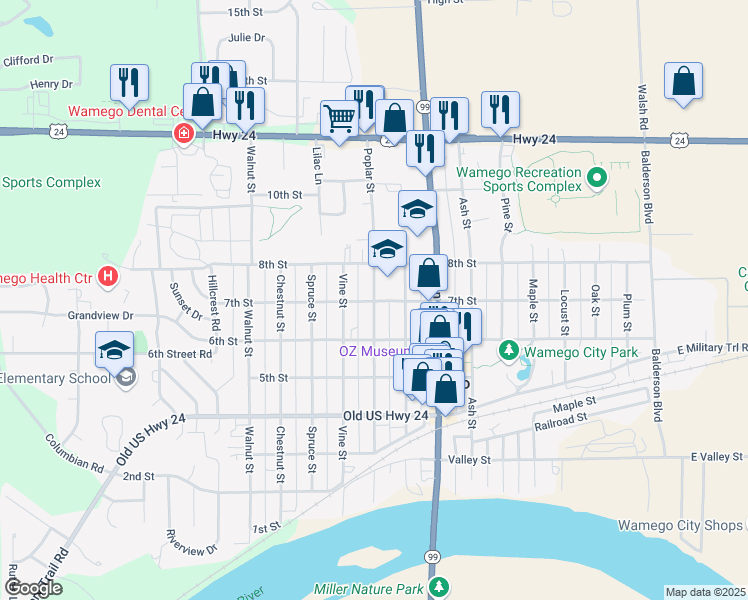 map of restaurants, bars, coffee shops, grocery stores, and more near 700 Poplar Street in Wamego