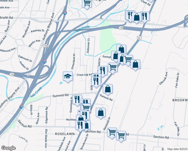 map of restaurants, bars, coffee shops, grocery stores, and more near 7733 Reading Road in Cincinnati