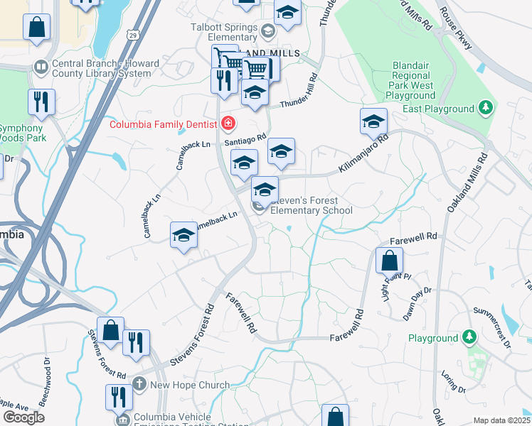 map of restaurants, bars, coffee shops, grocery stores, and more near 6111 Stevens Forest Road in Columbia