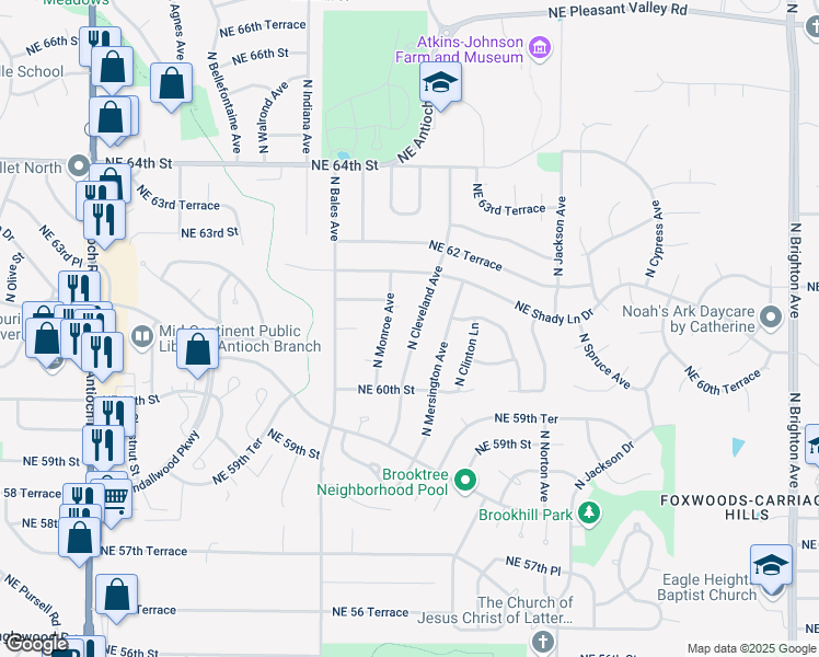 map of restaurants, bars, coffee shops, grocery stores, and more near 6104 North Cleveland Avenue in Kansas City