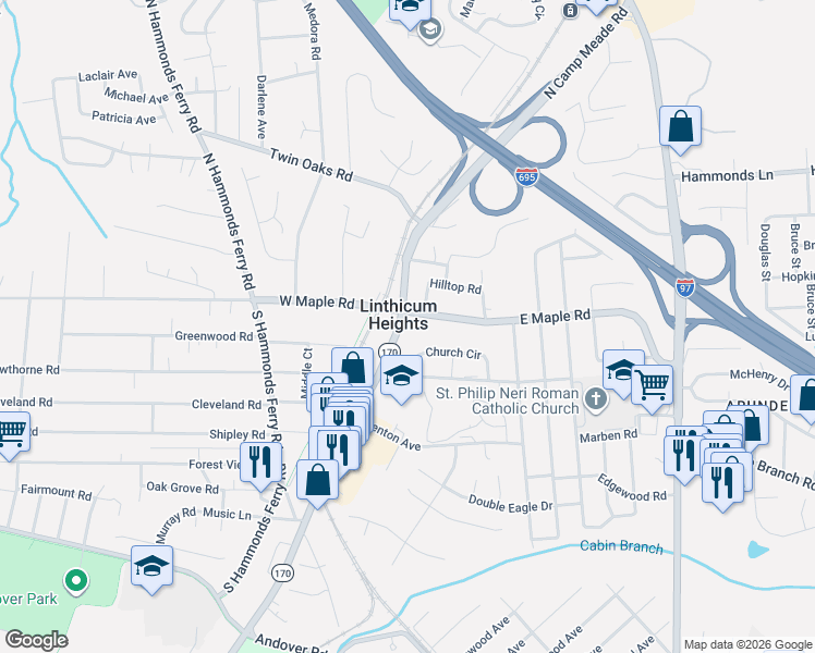 map of restaurants, bars, coffee shops, grocery stores, and more near 203 East Maple Road in Linthicum Heights