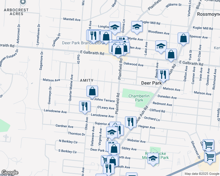 map of restaurants, bars, coffee shops, grocery stores, and more near in Amberley