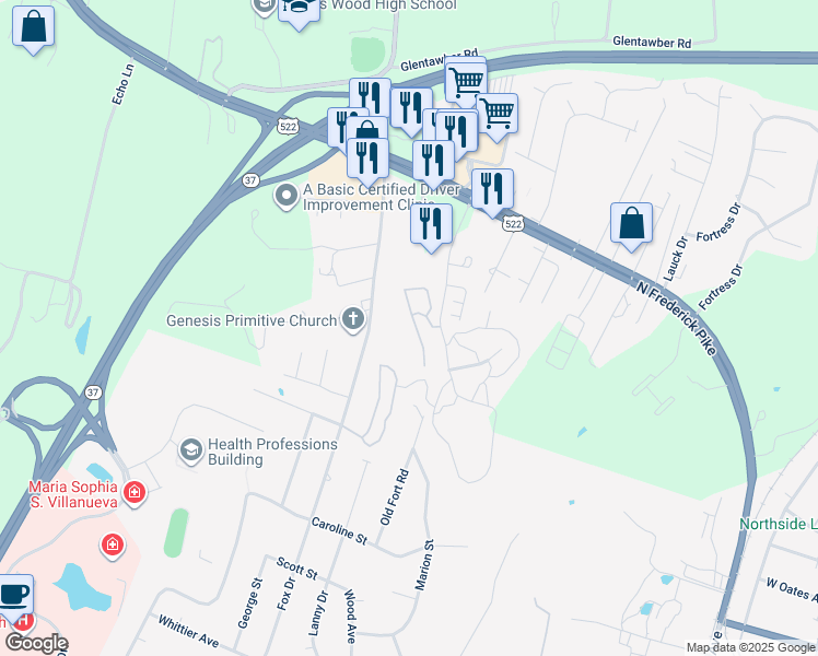 map of restaurants, bars, coffee shops, grocery stores, and more near 406 Tudor Drive in Winchester