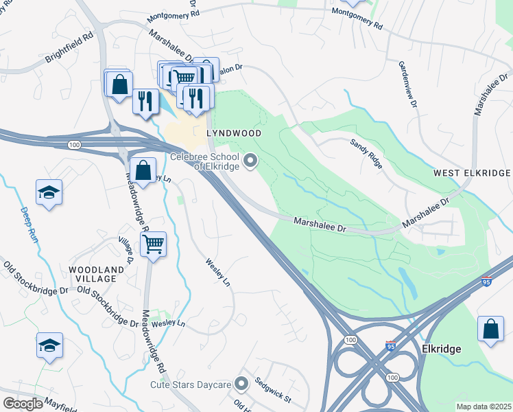 map of restaurants, bars, coffee shops, grocery stores, and more near 6085 Marshalee Drive in Elkridge