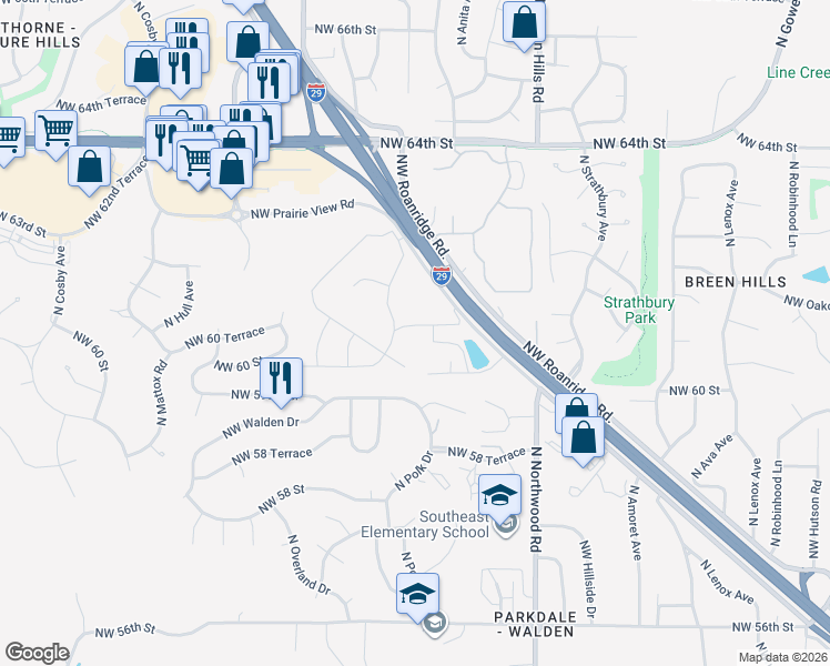 map of restaurants, bars, coffee shops, grocery stores, and more near 4800 Northwest 61st Street in Kansas City