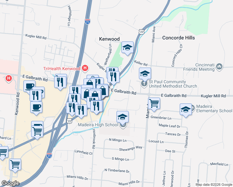 map of restaurants, bars, coffee shops, grocery stores, and more near 8220 U.S. 22 in Cincinnati