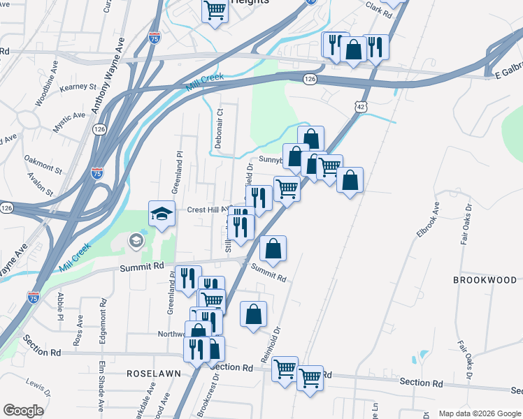 map of restaurants, bars, coffee shops, grocery stores, and more near 1821 Colmar Lane in Cincinnati