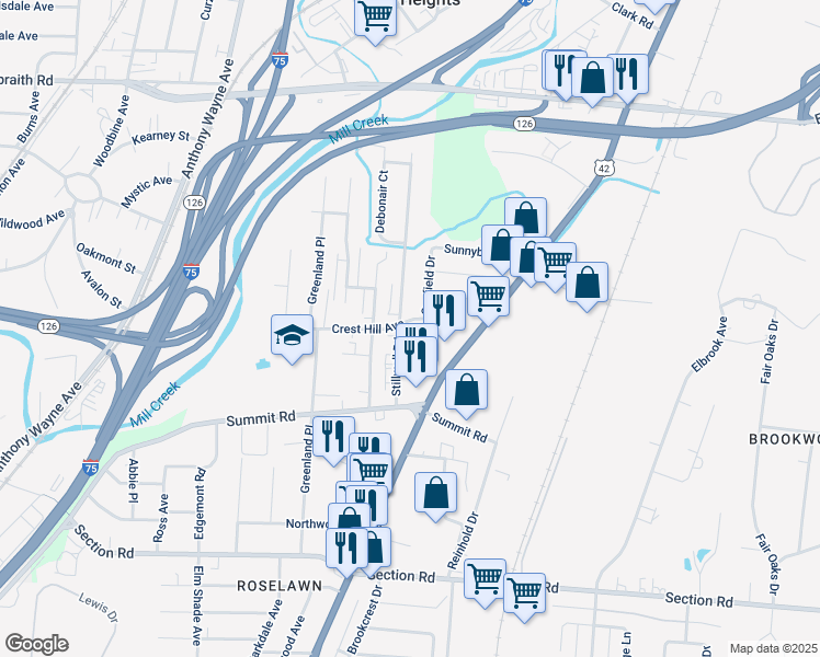 map of restaurants, bars, coffee shops, grocery stores, and more near 7837 Sunfield Drive in Cincinnati