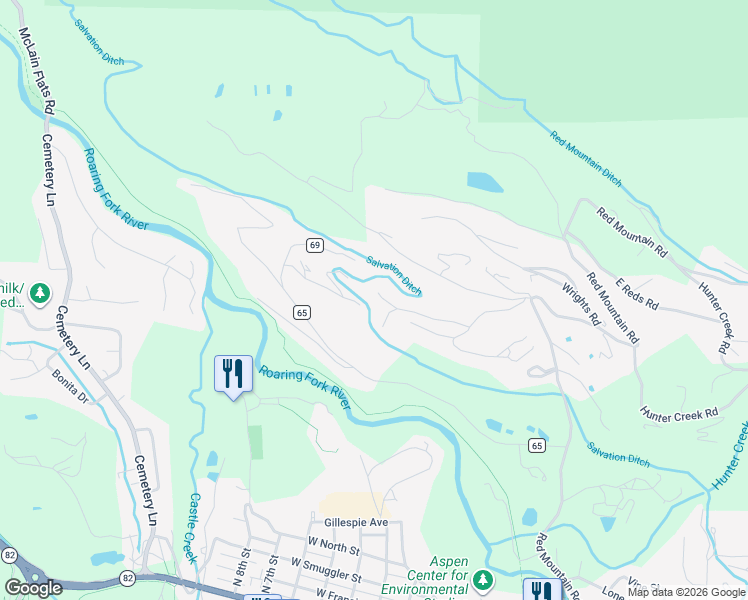 map of restaurants, bars, coffee shops, grocery stores, and more near 75 Bennett Court in Aspen