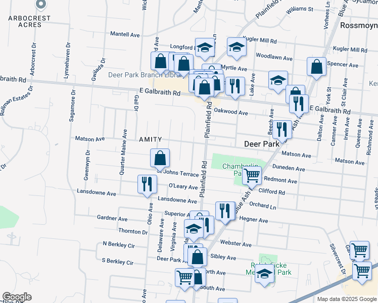 map of restaurants, bars, coffee shops, grocery stores, and more near 7727 Monticello Avenue in Cincinnati