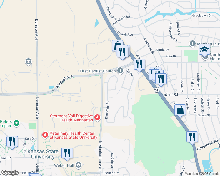 map of restaurants, bars, coffee shops, grocery stores, and more near 2132 Bluehills Rd in Manhattan