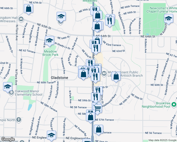 map of restaurants, bars, coffee shops, grocery stores, and more near 2505 Northeast Shady Lane Drive in Gladstone