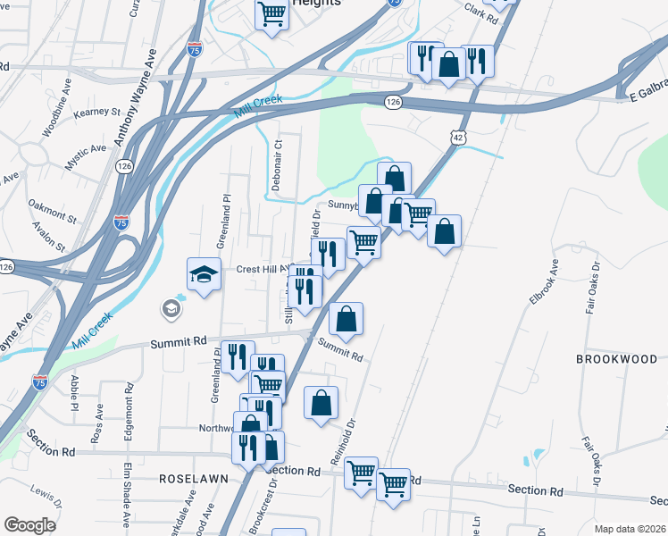 map of restaurants, bars, coffee shops, grocery stores, and more near 1825 Crest Hill Avenue in Cincinnati