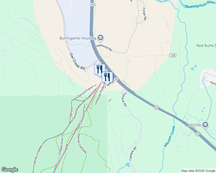 map of restaurants, bars, coffee shops, grocery stores, and more near 38750 Colorado 82 in Aspen