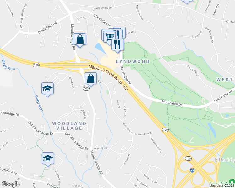 map of restaurants, bars, coffee shops, grocery stores, and more near 6641 Cambria Terrace in Elkridge