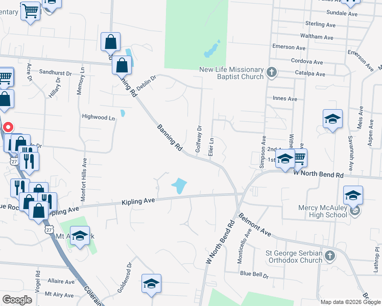 map of restaurants, bars, coffee shops, grocery stores, and more near 2298 Banning Road in Cincinnati