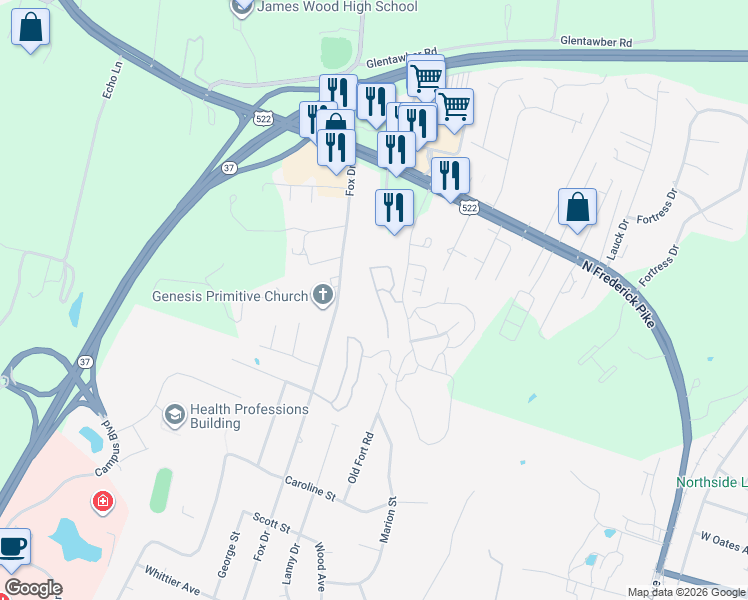 map of restaurants, bars, coffee shops, grocery stores, and more near 107 Tudor Drive in Winchester