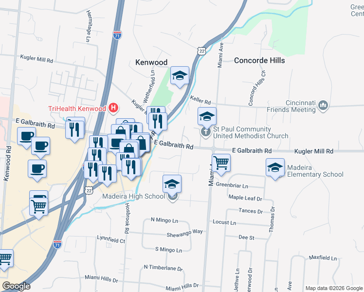 map of restaurants, bars, coffee shops, grocery stores, and more near 7272 East Galbraith Road in Cincinnati