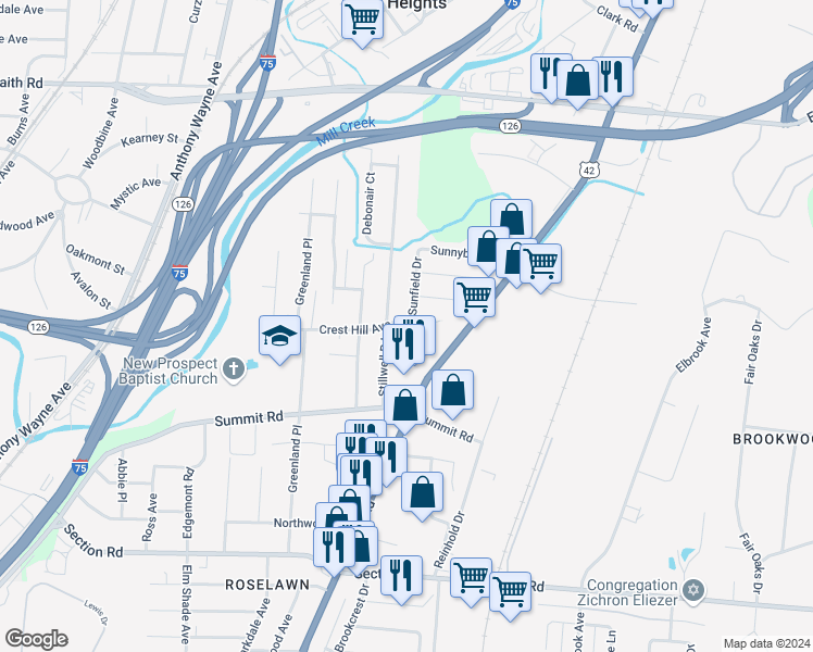 map of restaurants, bars, coffee shops, grocery stores, and more near 7837 Sunfield Drive in Cincinnati