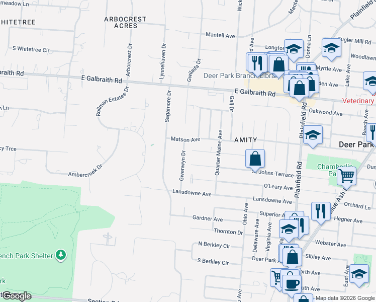 map of restaurants, bars, coffee shops, grocery stores, and more near 7881 Gwenwyn Drive in Cincinnati
