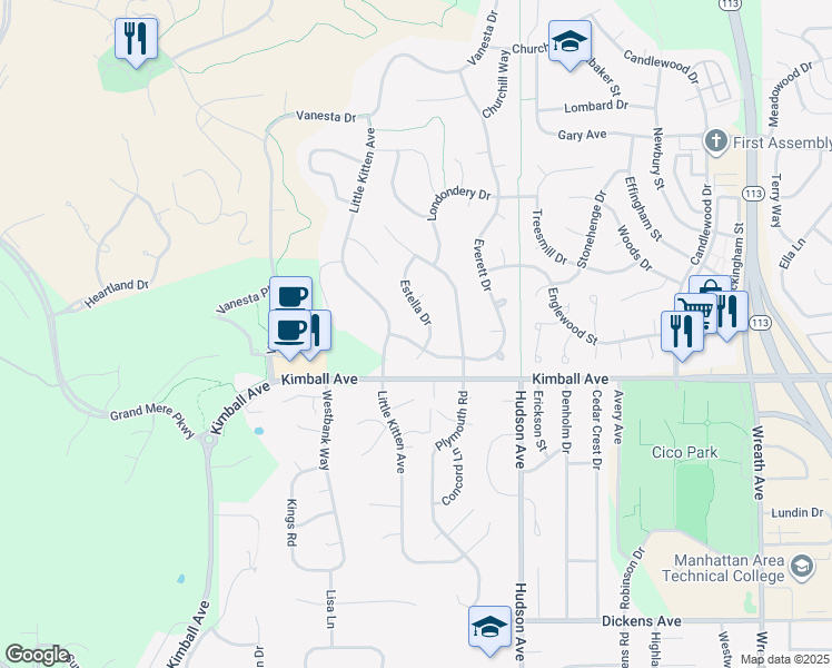 map of restaurants, bars, coffee shops, grocery stores, and more near 2021 Estella Drive in Manhattan