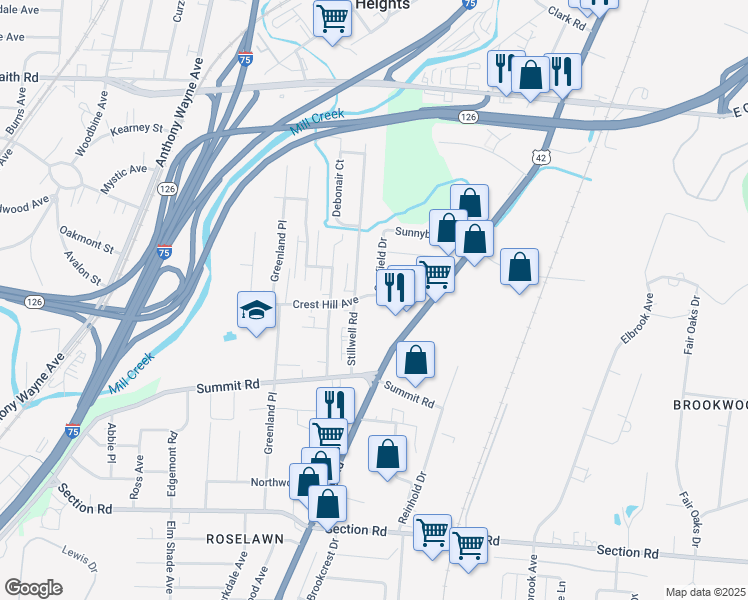 map of restaurants, bars, coffee shops, grocery stores, and more near 1793 Crest Hill Avenue in Cincinnati