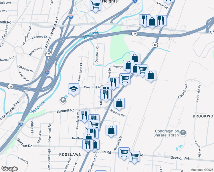 map of restaurants, bars, coffee shops, grocery stores, and more near 7837 Sunfield Drive in Cincinnati