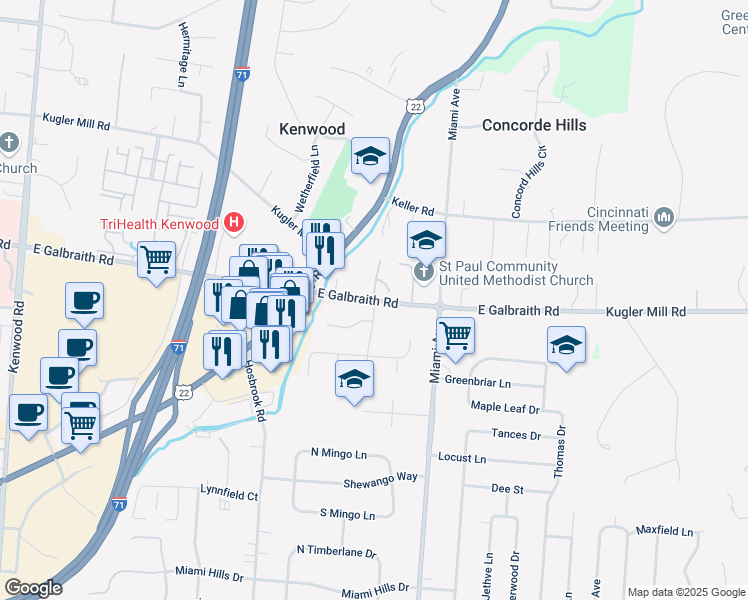 map of restaurants, bars, coffee shops, grocery stores, and more near 7274 East Galbraith Road in Cincinnati