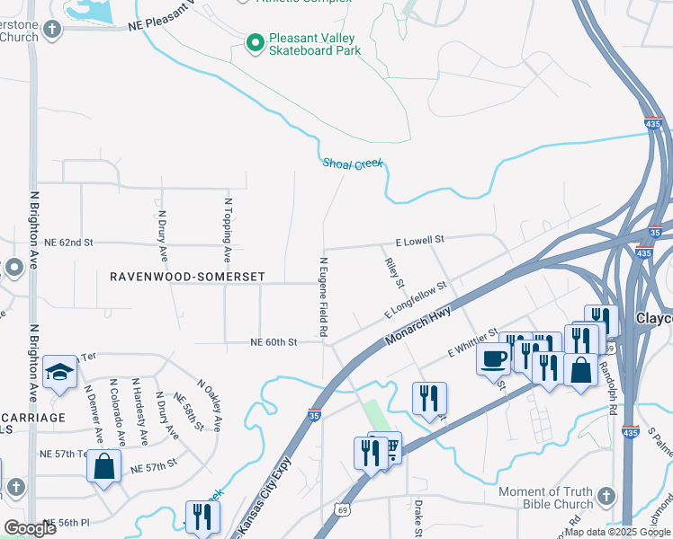 map of restaurants, bars, coffee shops, grocery stores, and more near 127 East Lowell Street in Kansas City