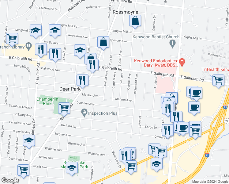 map of restaurants, bars, coffee shops, grocery stores, and more near 7972 Camner Avenue in Cincinnati