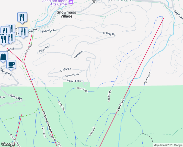 map of restaurants, bars, coffee shops, grocery stores, and more near 16-18 Ermine Lane in Aspen