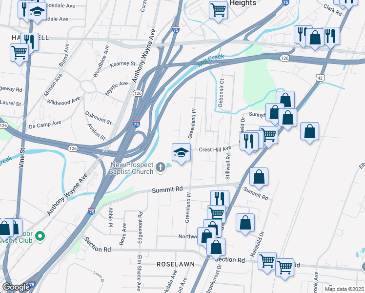 map of restaurants, bars, coffee shops, grocery stores, and more near 7817 Greenland Place in Cincinnati