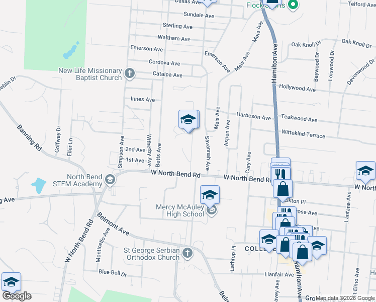 map of restaurants, bars, coffee shops, grocery stores, and more near 6264 Collegevue Place in Cincinnati