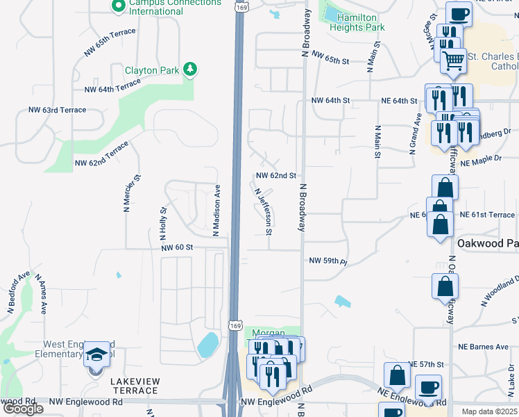 map of restaurants, bars, coffee shops, grocery stores, and more near 6108 North Jefferson Street in Kansas City