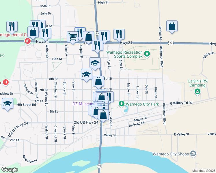 map of restaurants, bars, coffee shops, grocery stores, and more near 722 Lincoln Avenue in Wamego