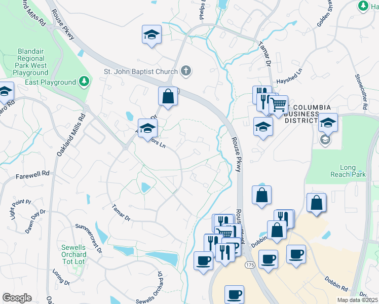 map of restaurants, bars, coffee shops, grocery stores, and more near 6081 Majors Lane in Columbia