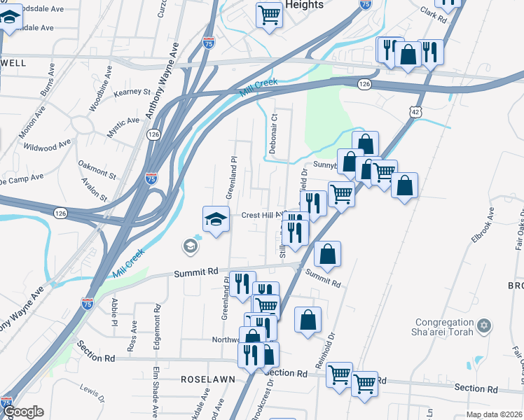 map of restaurants, bars, coffee shops, grocery stores, and more near 7826 Newbedford Avenue in Cincinnati