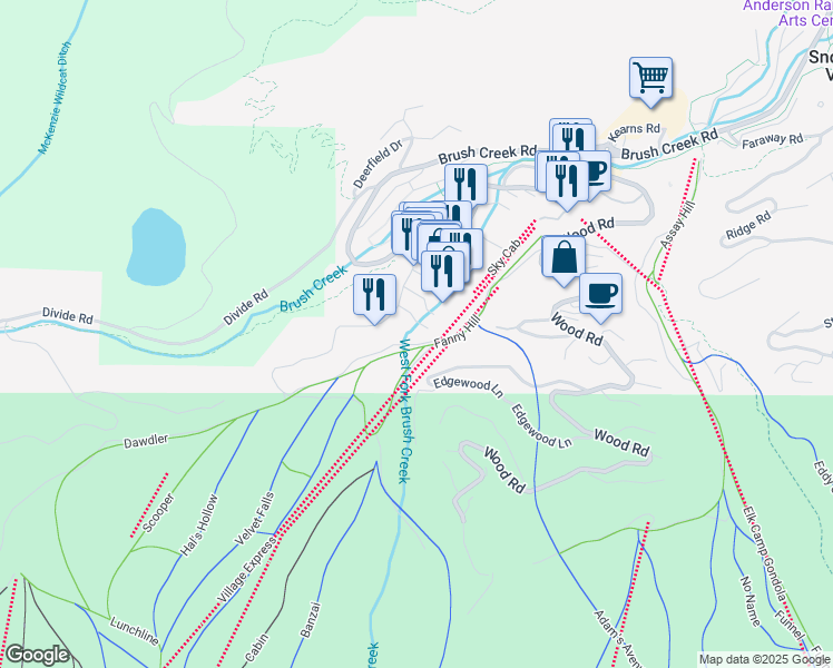 map of restaurants, bars, coffee shops, grocery stores, and more near 60 Fall Lane in Snowmass Village
