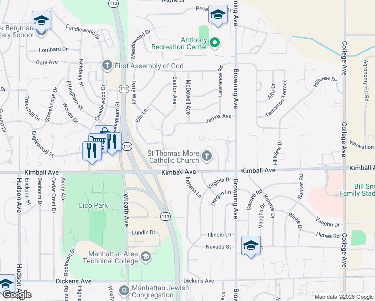 map of restaurants, bars, coffee shops, grocery stores, and more near 2026 Shirley Lane in Manhattan
