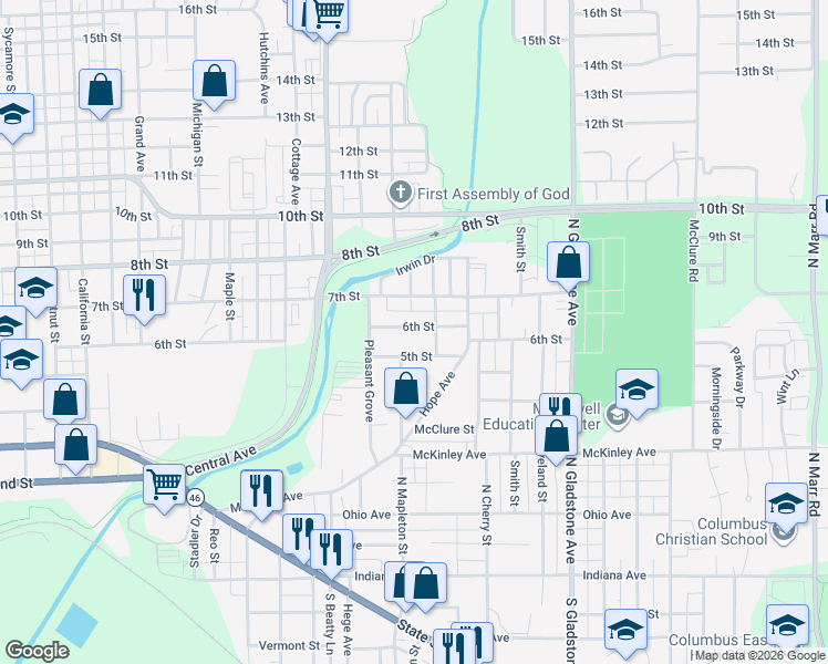 map of restaurants, bars, coffee shops, grocery stores, and more near 2106 6th Street in Columbus