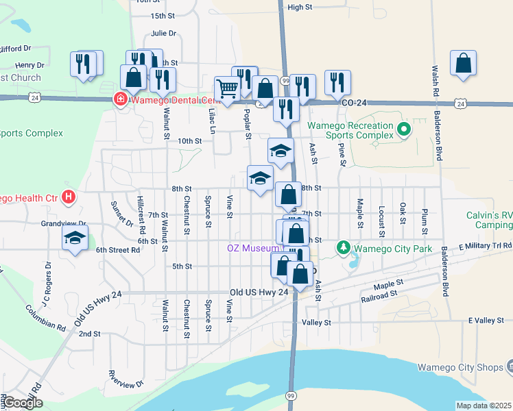 map of restaurants, bars, coffee shops, grocery stores, and more near 700 Poplar Street in Wamego