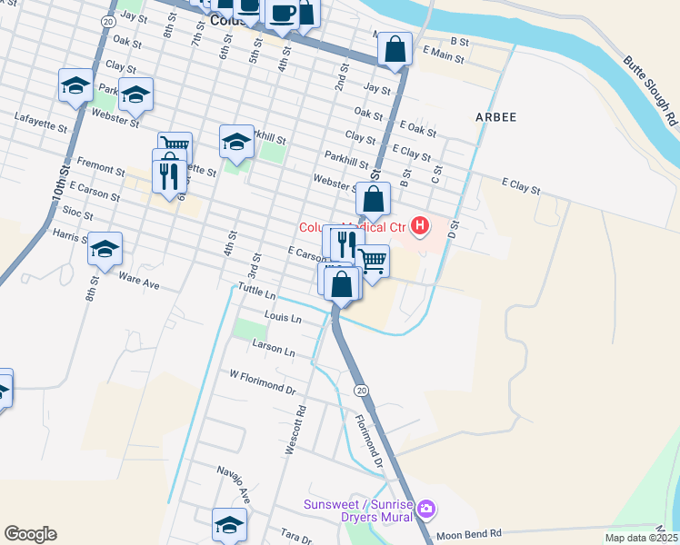 map of restaurants, bars, coffee shops, grocery stores, and more near 14 Carson Street in Colusa