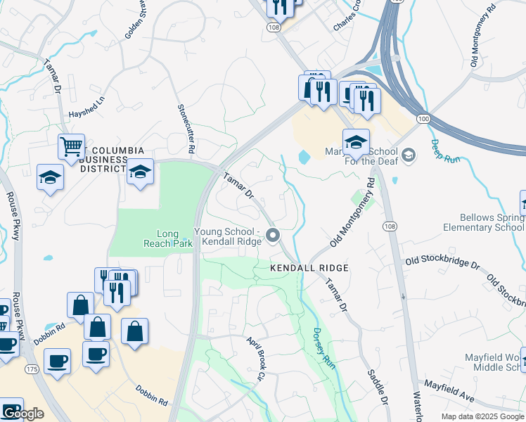 map of restaurants, bars, coffee shops, grocery stores, and more near 8357 Tamar Drive in Columbia
