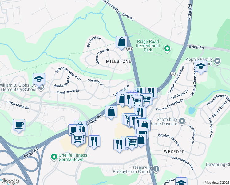 map of restaurants, bars, coffee shops, grocery stores, and more near 12125 Songbird Lane in Germantown