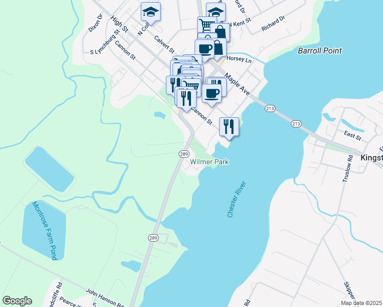 map of restaurants, bars, coffee shops, grocery stores, and more near 407 South Cross Street in Chestertown